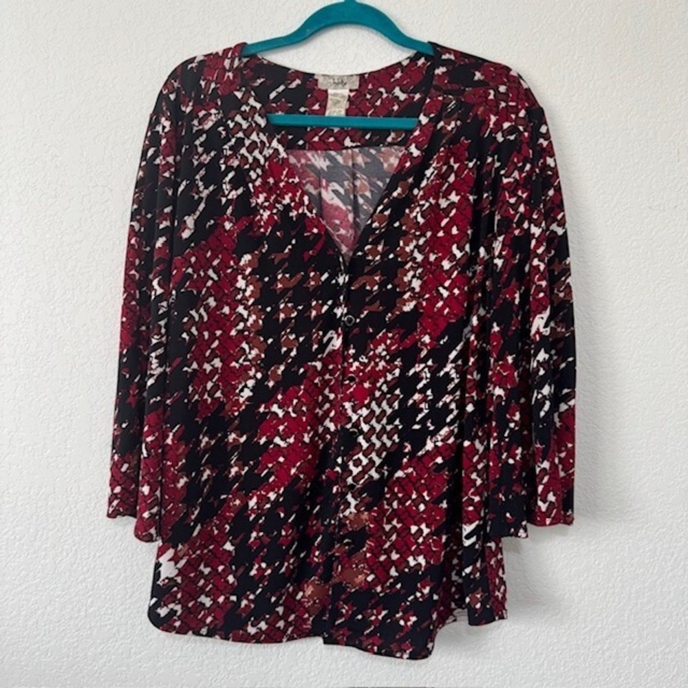 Ivy Lane Women's Long Sleeve Button Up Tunic Top Abstract Print Red Black XL‎